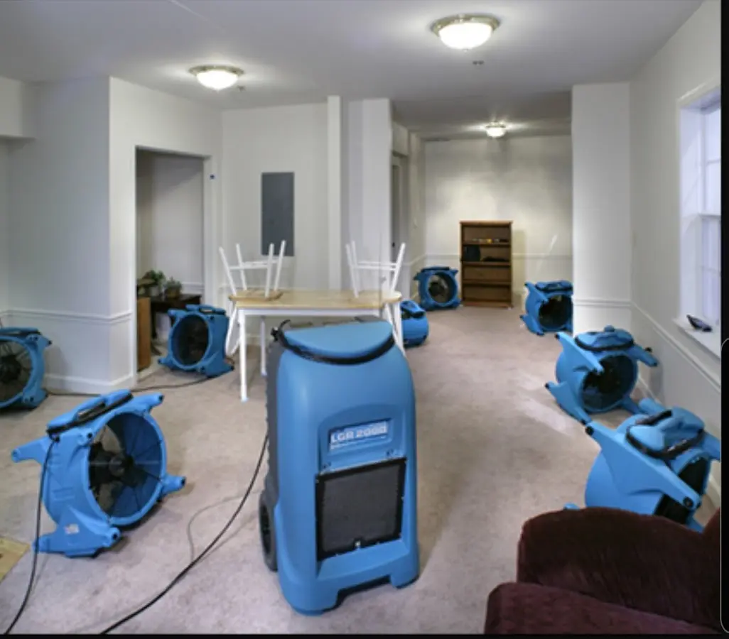 Air movers and dehumidifier setup for Water Extraction & Removal in Doffing